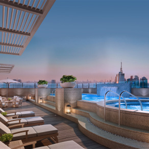 现代高档酒店会所游泳池户外躺椅盆景